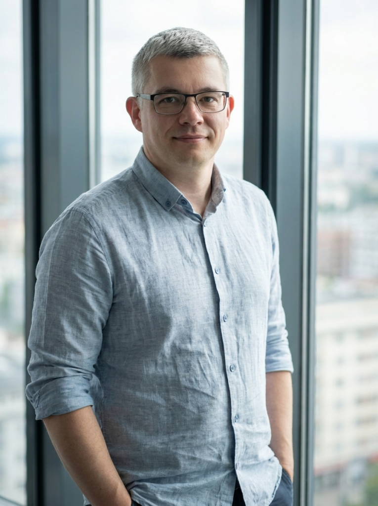 Mykola Vyshnevskyi, Senior-SEO-Spezialist und Gründer von NeuRank, am Fenster seines Büros